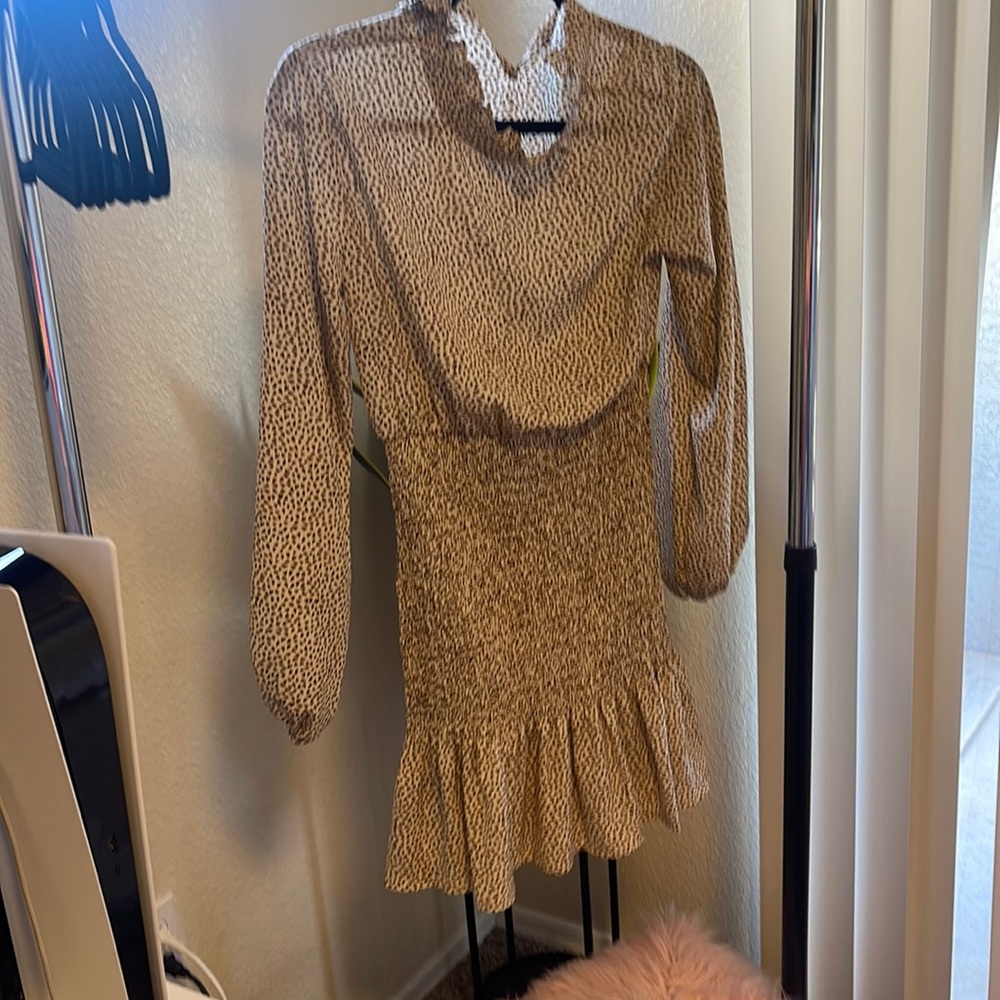 White and brown beige long sleeve dress shein